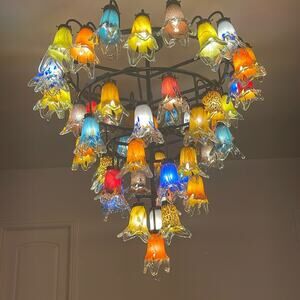 Hand Crafted Wrought Iron Chandelier With Colorful  Blown GlassTulips shades